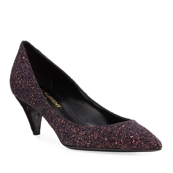 SAINT LAURENT Charlotte Glitter Shadow Heels Pumps Bordeaux 38.5 NEW IN BOX - Picture 1 of 8